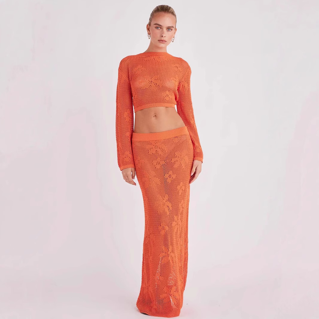 Open-Knit Long-Sleeve Two-Piece Crop Top and Maxi Skirt Set