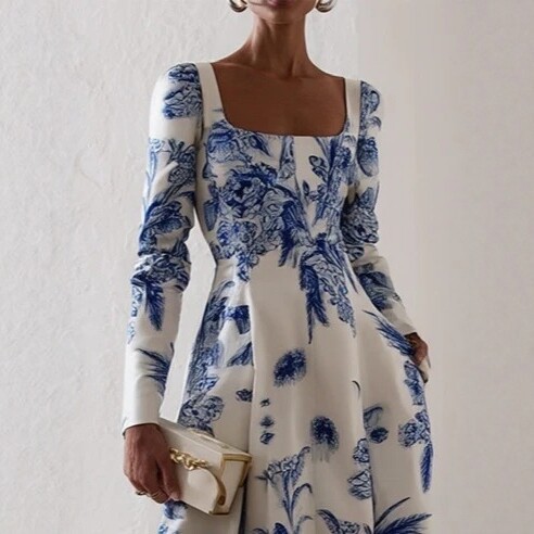 Square Neck Floral Print Long Sleeve Midi Dress
