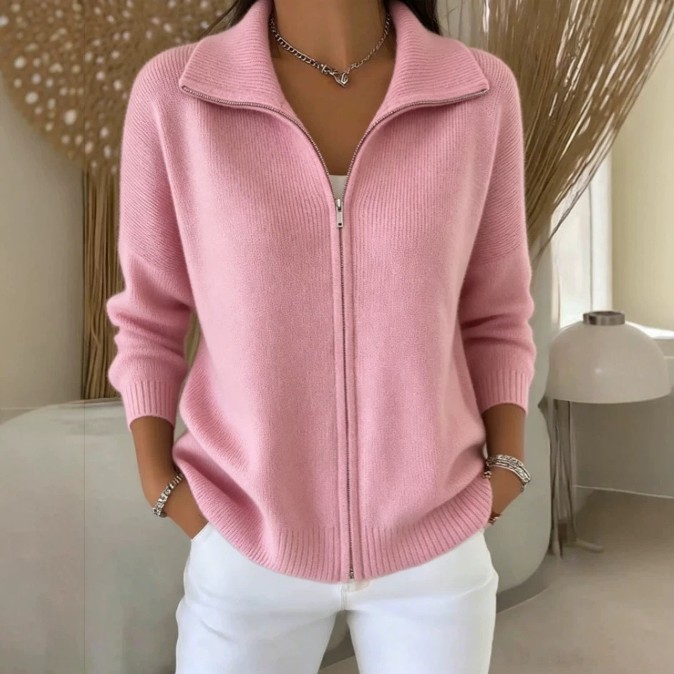 Women's Zip-Up Knit Cardigan Sweater with Collar, Solid Color Casual