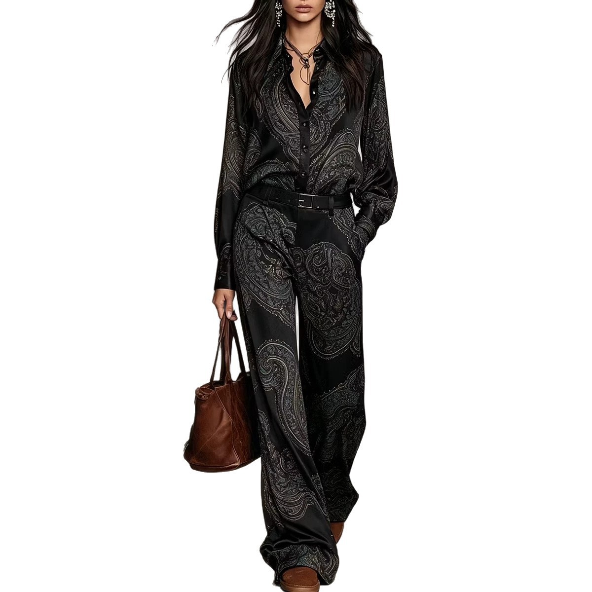 Paisley Print Long-Sleeve Shirt and Wide-Leg Pants Set