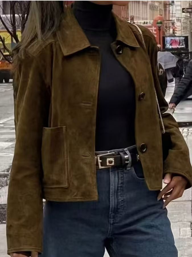 Suede Women's Slim Fit Single-Breasted Lapel Commuter Jacket