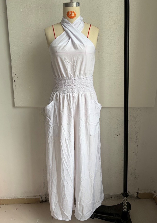 Bohemian Open-Back Sleeveless Wide-Leg Jumpsuit with Smocking and Pockets