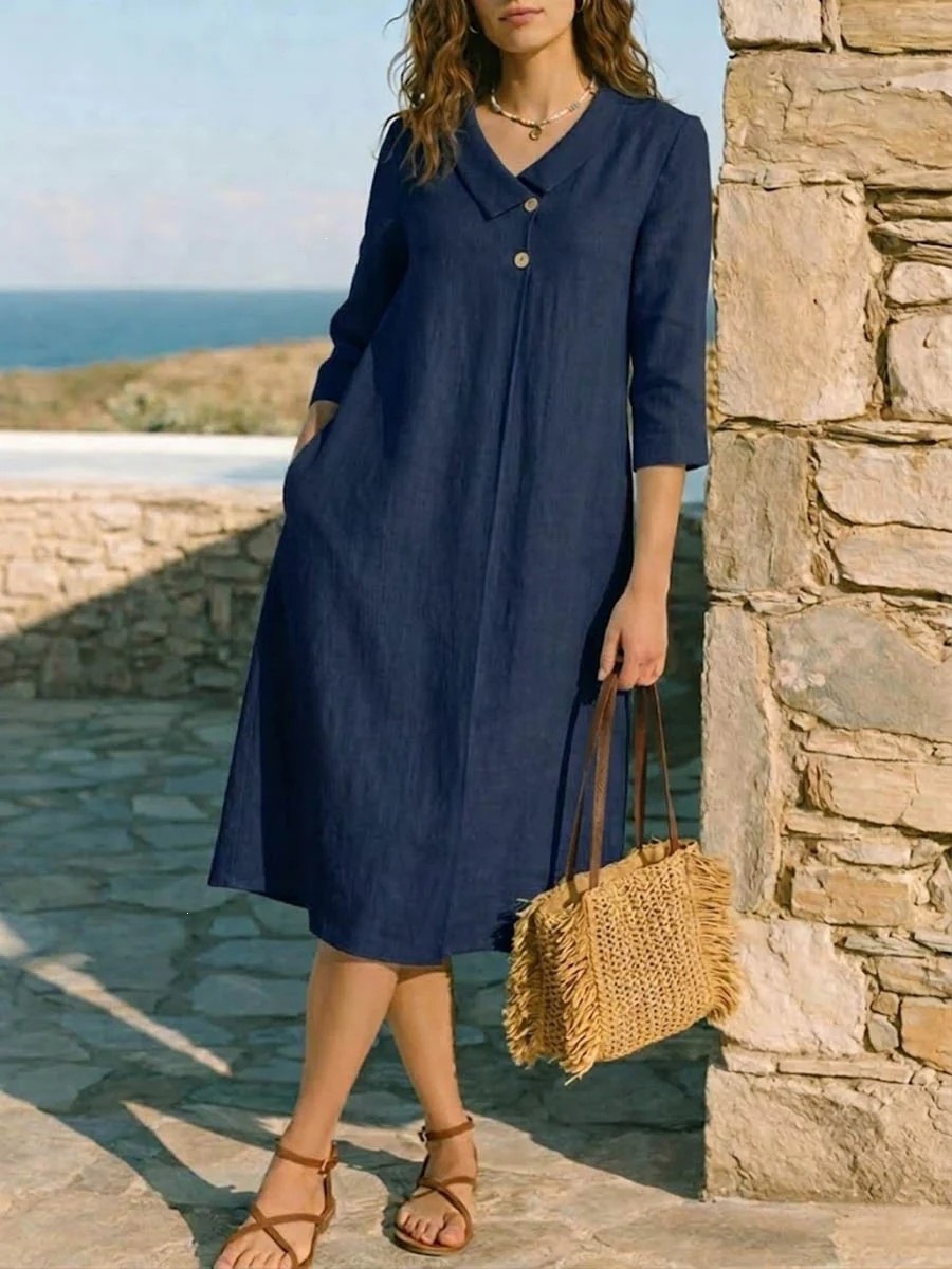 Women's Summer Solid Color French Collar Midi Dress