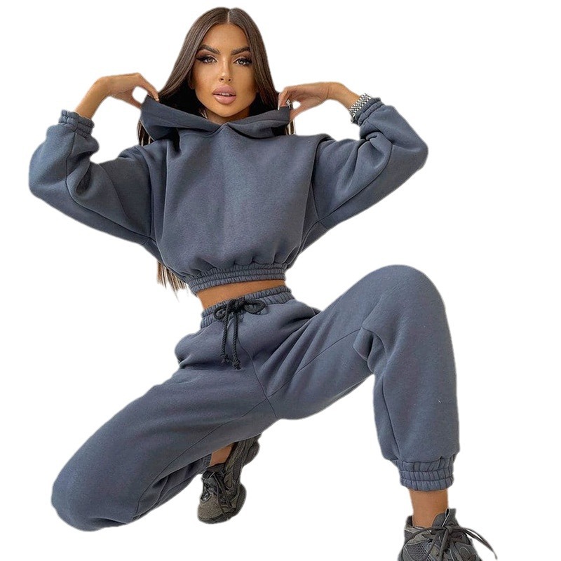 Women's Long Sleeve Hooded Crop Hoodie and Lace-Up Sweatpants Set