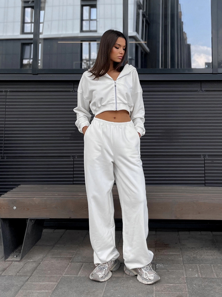 Women's Solid Color Hooded Cardigan Sweatshirt and Jogger Pants Two-Piece Set