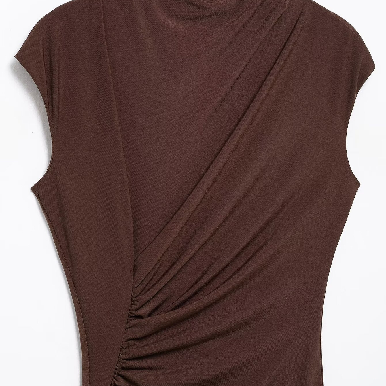 Women's Ruched Midi Dress with High Neck and Long Sleeves