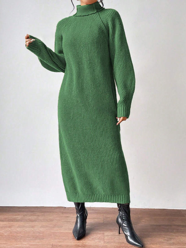 Women's Turtleneck Long Sleeve Knit Sweater Dress Solid Color Long Pullover