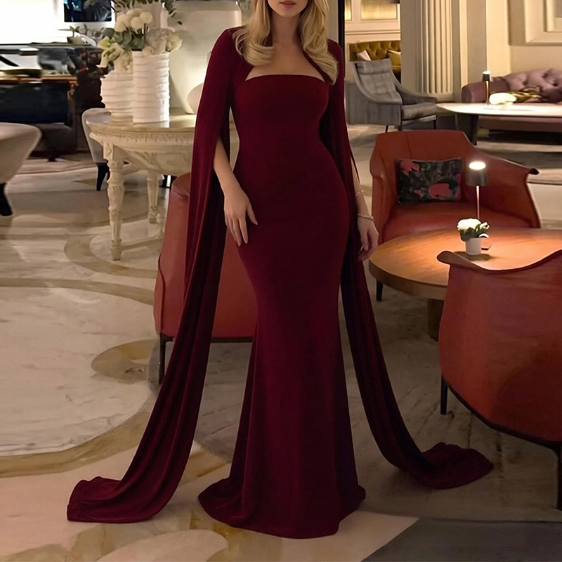 Women's Square Neck Long Sleeve Fitted Waist Dress