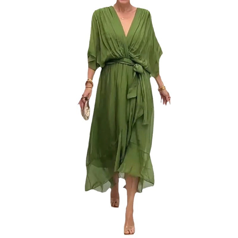 Women's Solid Color Tie-Waist Batwing Sleeve Irregular Long Dress Plus Size
