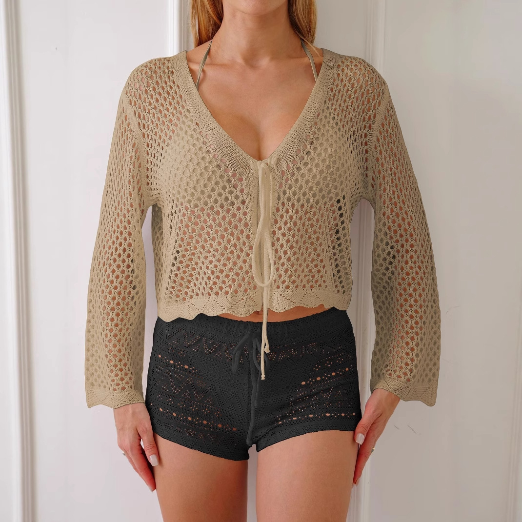 Women's Tie-Front Open-Knit Cardigan Long-Sleeve Beach Cover-Up