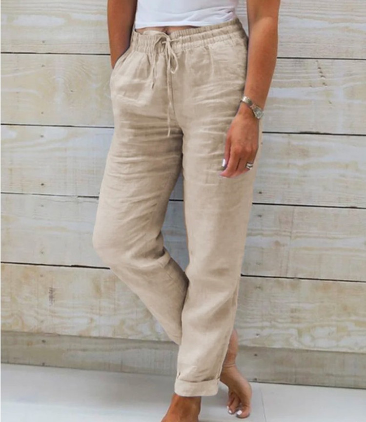 Women's Cotton-Linen Wide-Leg Pants Elastic Waist Solid Color Loose Fit