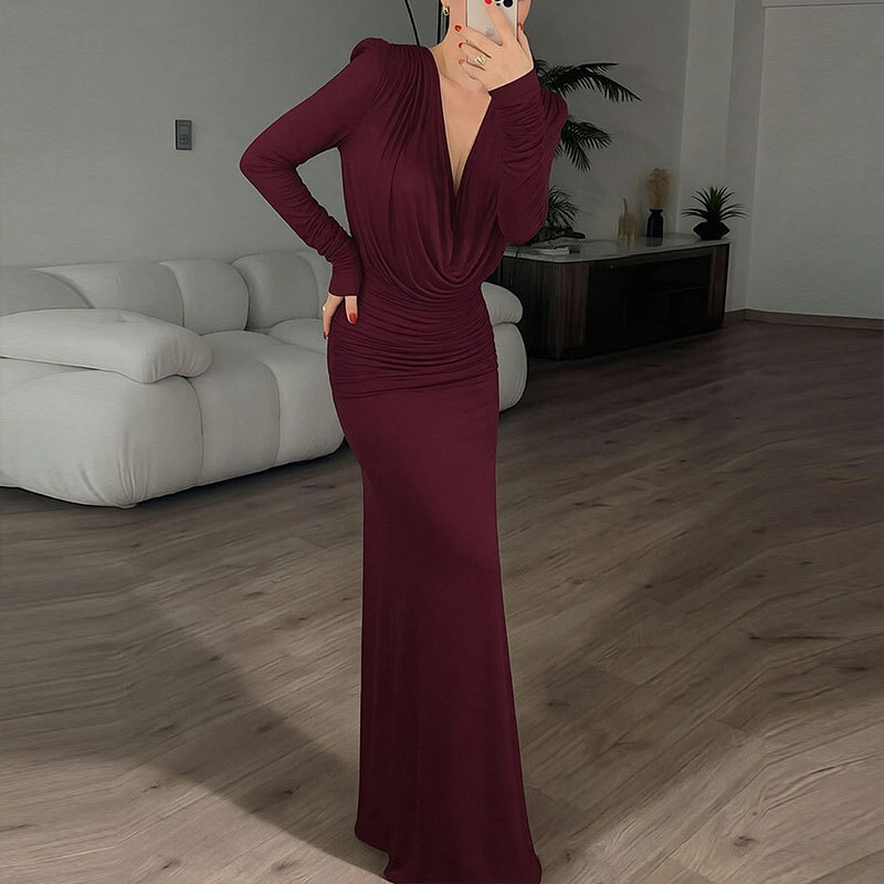 Women's Elegant Solid Color Long Dress V-Neck Long Sleeve High Waist A-Line