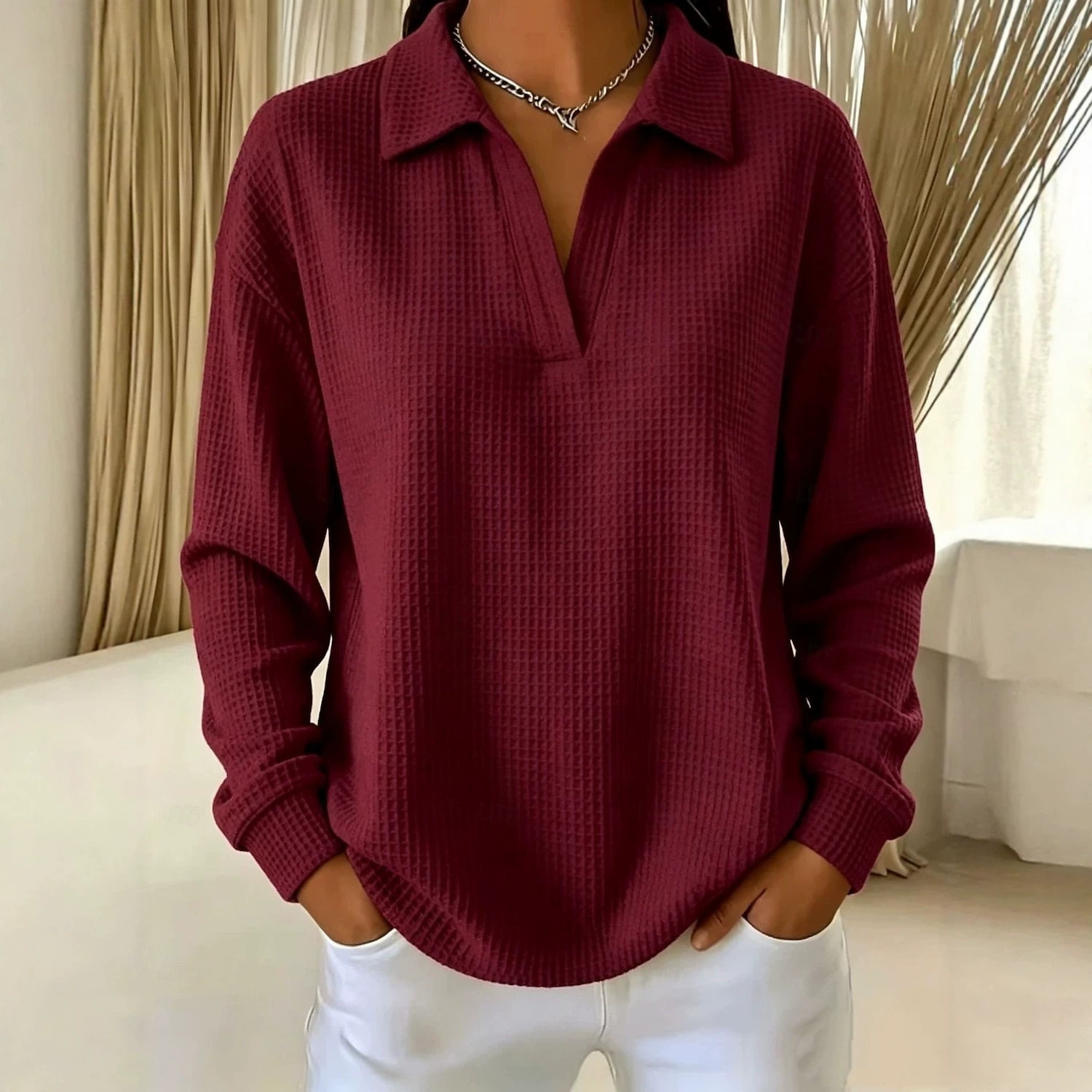 Waffle Knit V-Neck Pullover Top with Collar and Drop Shoulders