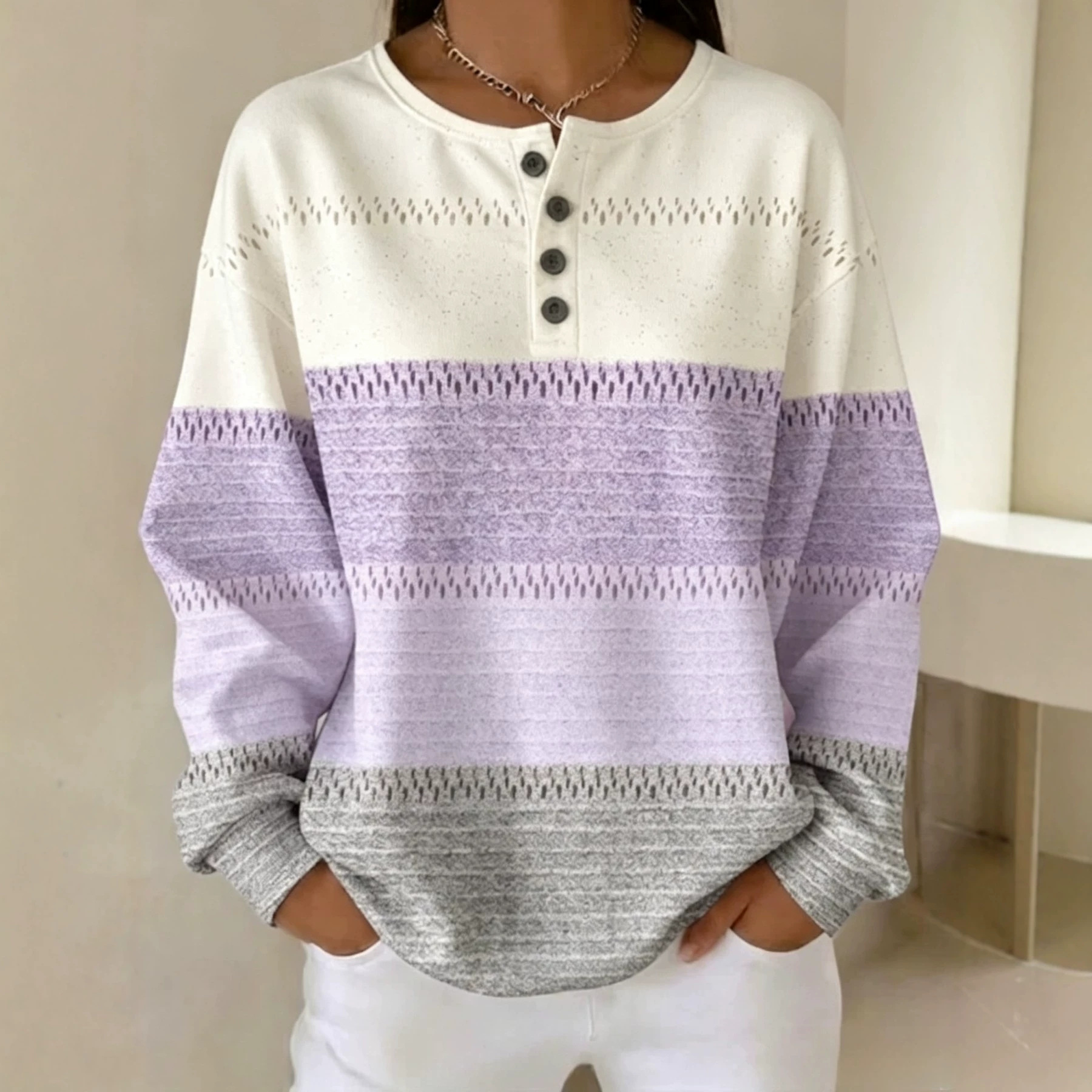 Women's Striped Print Buttoned Casual Hoodie