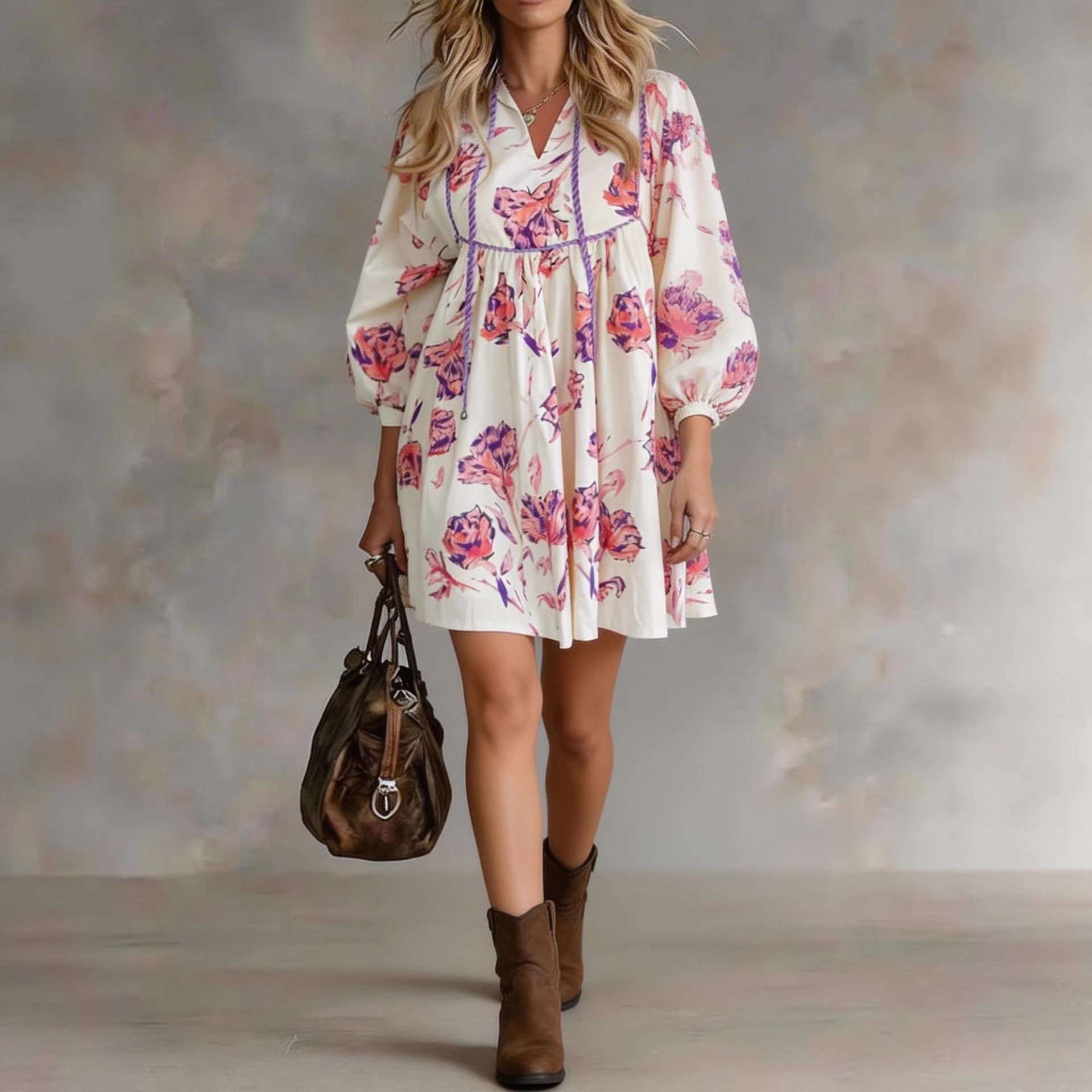 Women's Floral Print V-Neck Midi Dress with Lantern Sleeves
