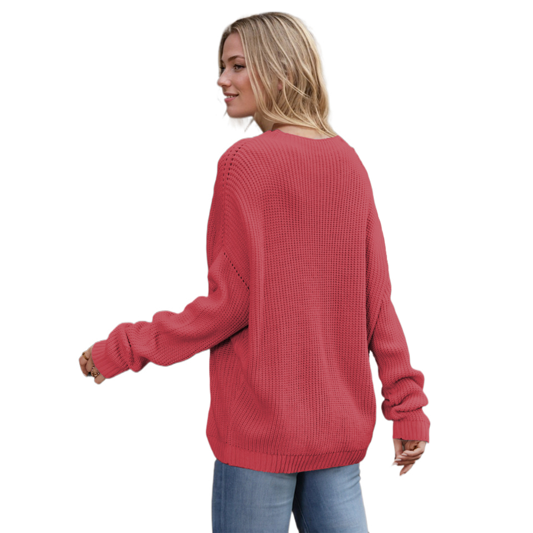 Solid Color Round Neck Pocket Knit Pullover Sweater for Women