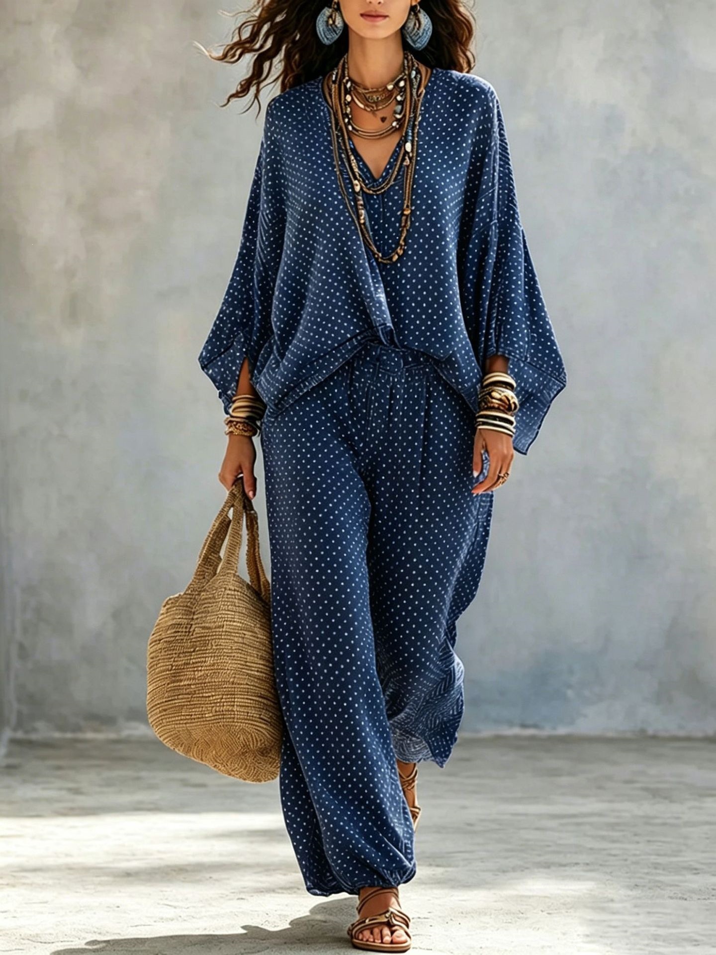 Women's Vintage Print Batwing Sleeve Top and Jogger Pants Set