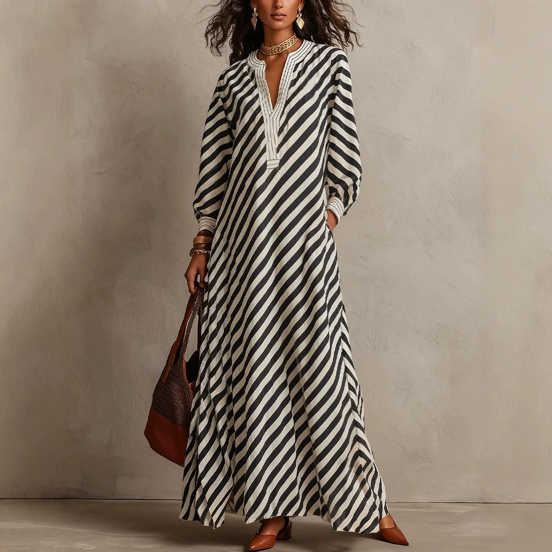 V-Neck Striped Loose Long Dress