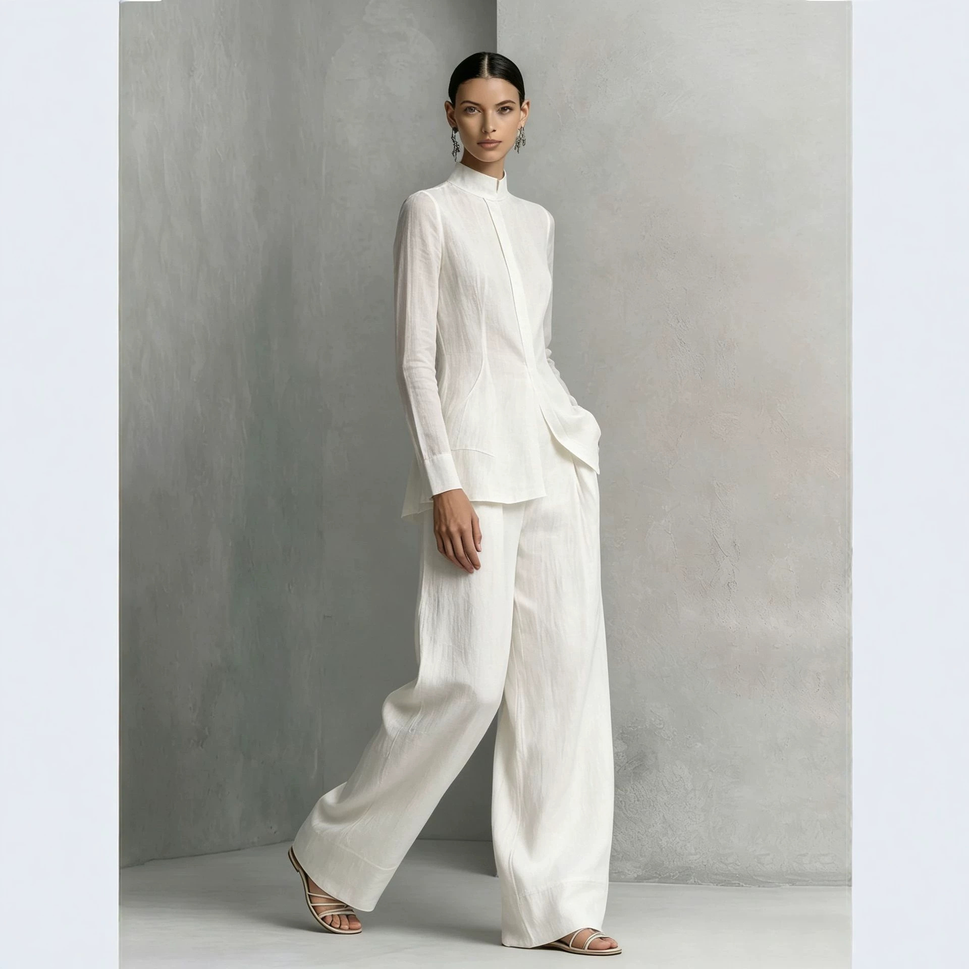 Women's French Stand Collar Long Sleeve Fitted Shirt and Wide Leg Pants Set Minimalist Two-Piece