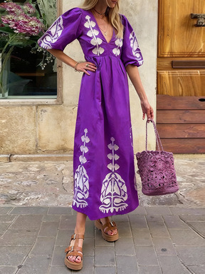 Floral Print V-Neck Puff Sleeve Open Back Loose Casual Midi Dress