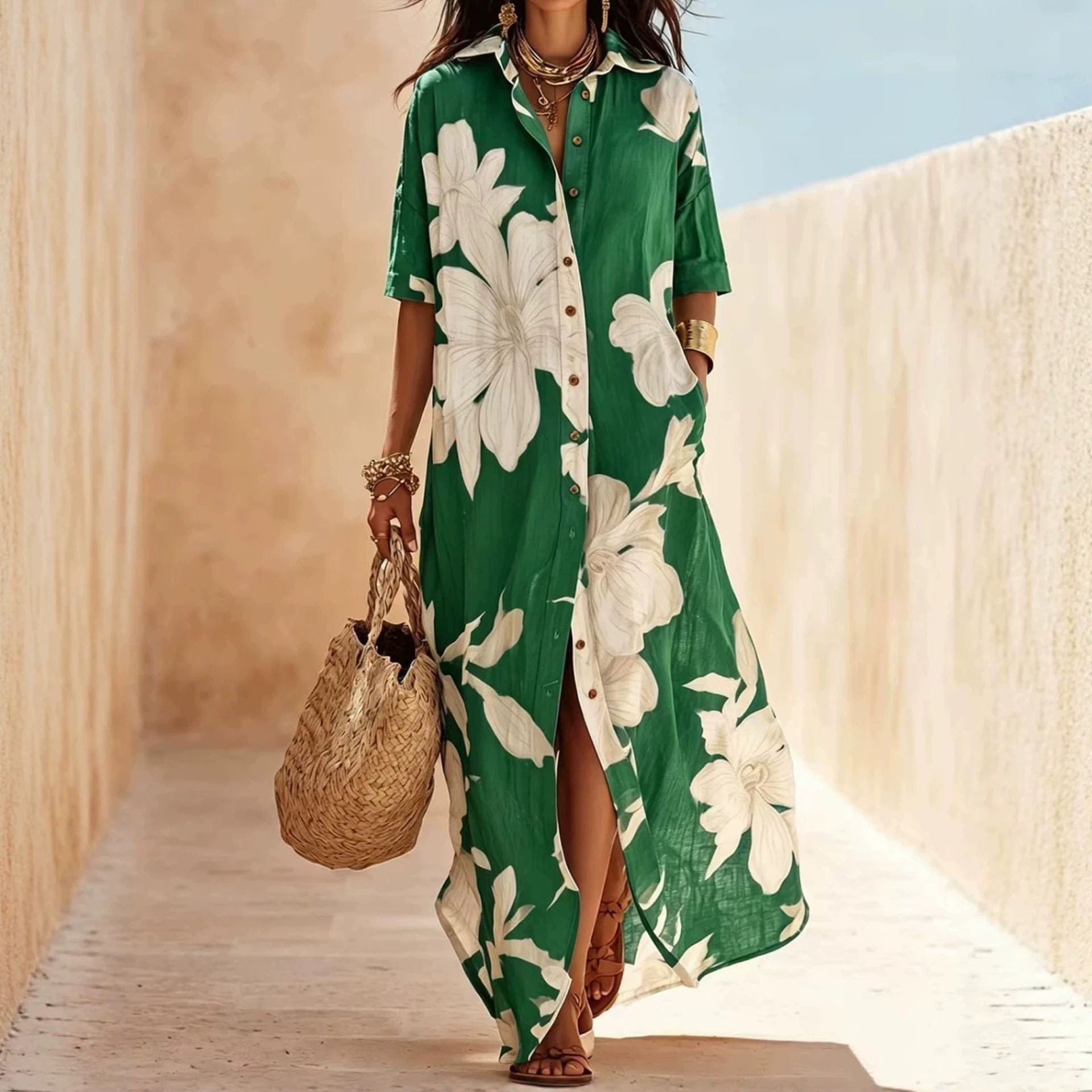 Women's Floral Print Slit Dress with Collar Loose Beach Long Dress