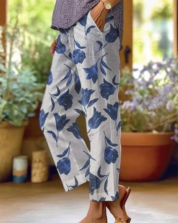 Women's Polka Dot Floral Print Straight-Leg Casual Pants