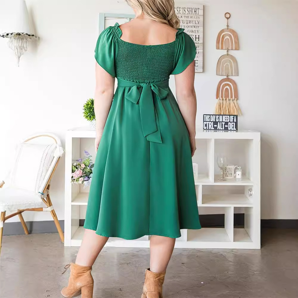 French-Style Ruched Square-Neck A-Line Midi Dress Plus Size