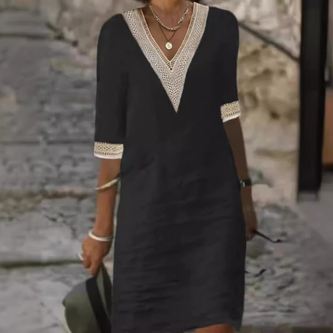 Solid V-Neck Half-Sleeve Cotton-Linen Casual Dress
