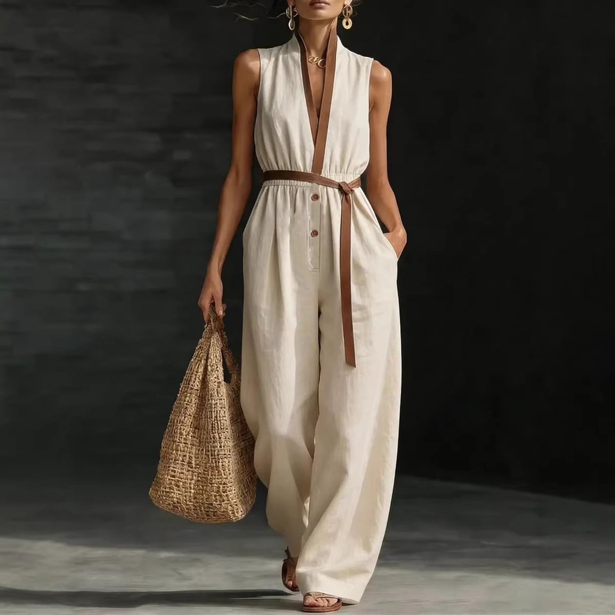 Sleeveless V-Neck Jumpsuit Women's Casual Straight-Leg
