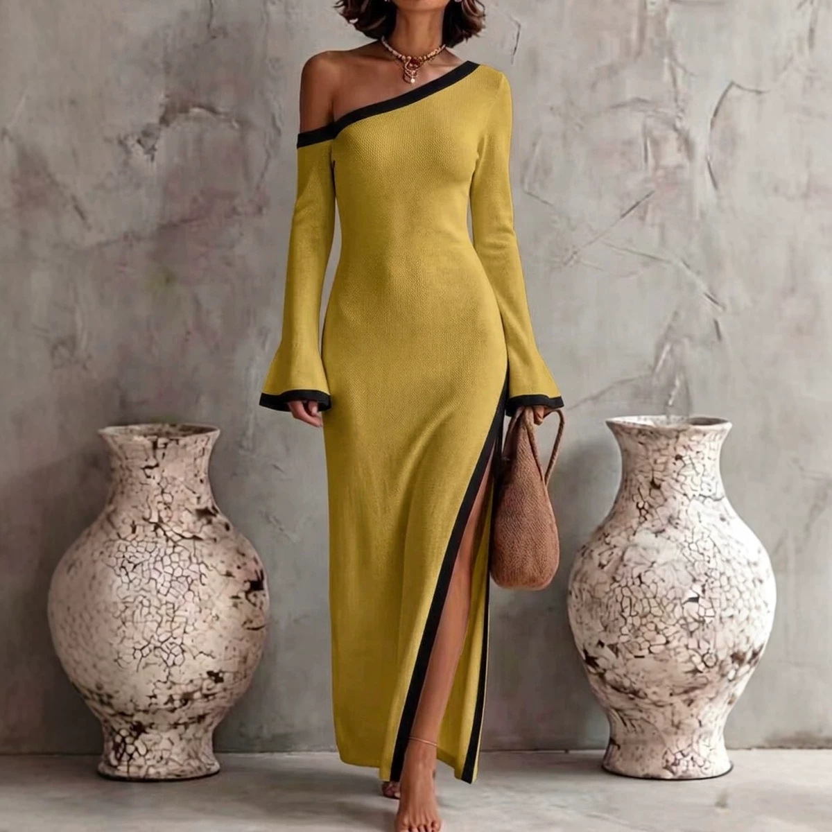 Women's Color-Block One-Shoulder Long-Sleeve Bodycon Dress