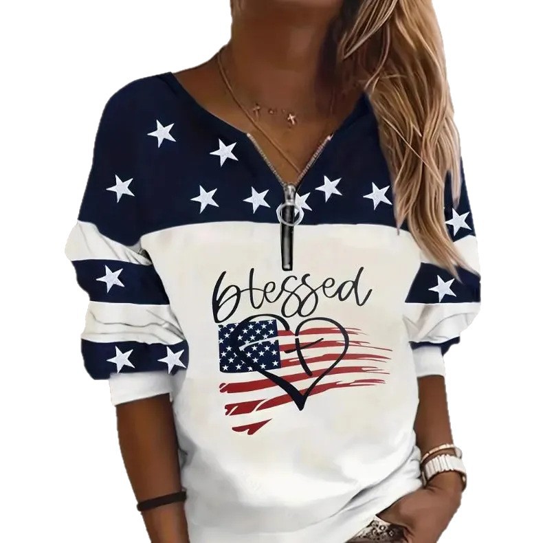 American Star Striped Heart Flag Print Half-Zip Long Sleeve Top for Women