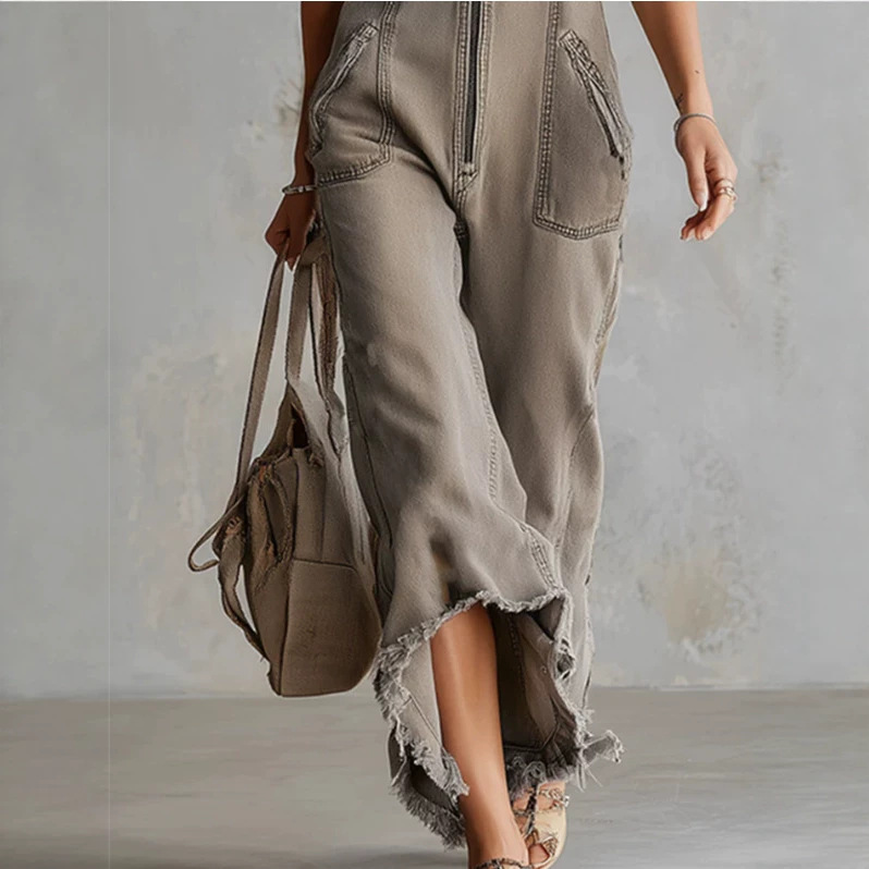 Vintage Washed Khaki Denim Sleeveless Jumpsuit