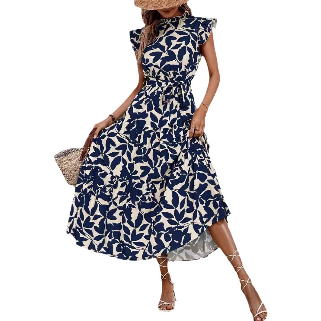 Women's Summer Floral Print Fairy Dress with Ruffle Sleeves and Tie