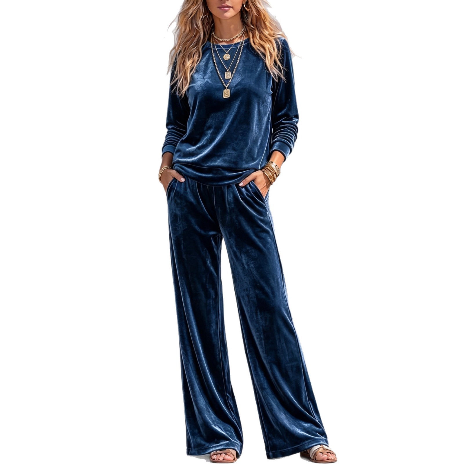 Solid Velvet Crewneck Long-Sleeve Loose Wide-Leg Two-Piece Set