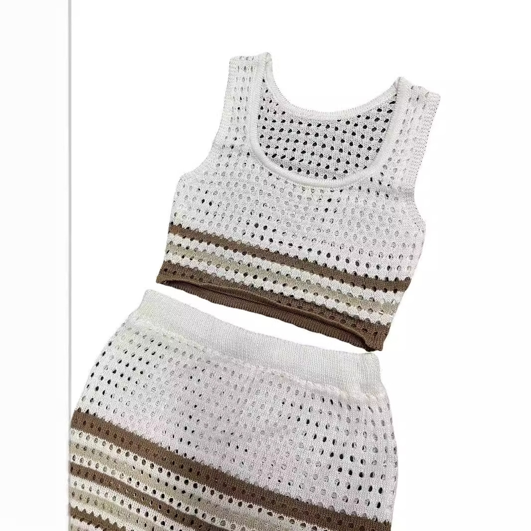 Women's Sleeveless Tank Top and Striped Slit Midi Skirt Knit Set