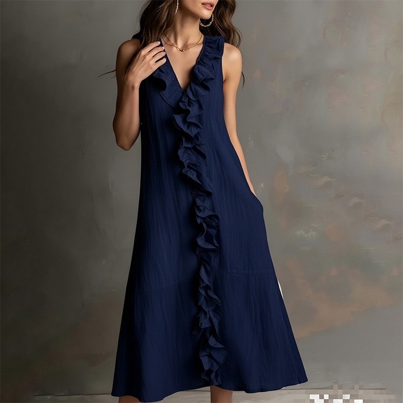 Beach Vacation Dress Women's Summer V-Neck Ruffle Maxi Dress