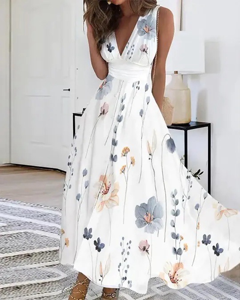 V-Neck High-Waist Sleeveless Floral Print Maxi Dress
