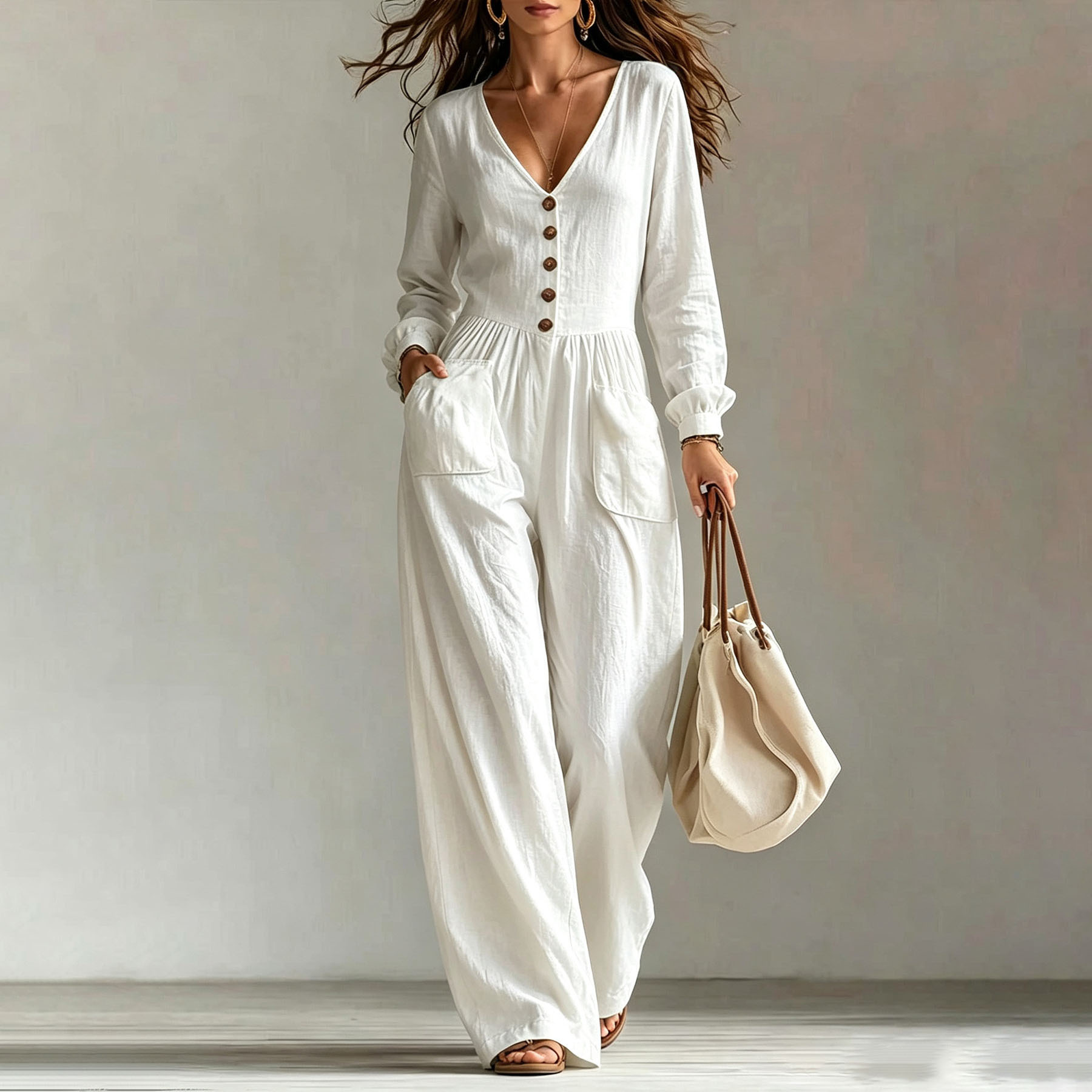 Women's Casual V-Neck Long Sleeve Jumpsuit with Pockets