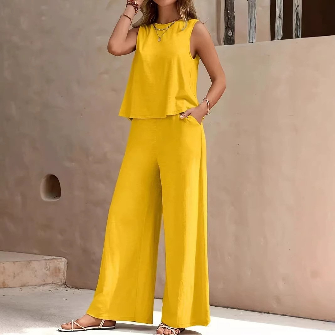 Two-Piece Sleeveless Crewneck Tank Top and Wide-Leg Pants Set Solid Color