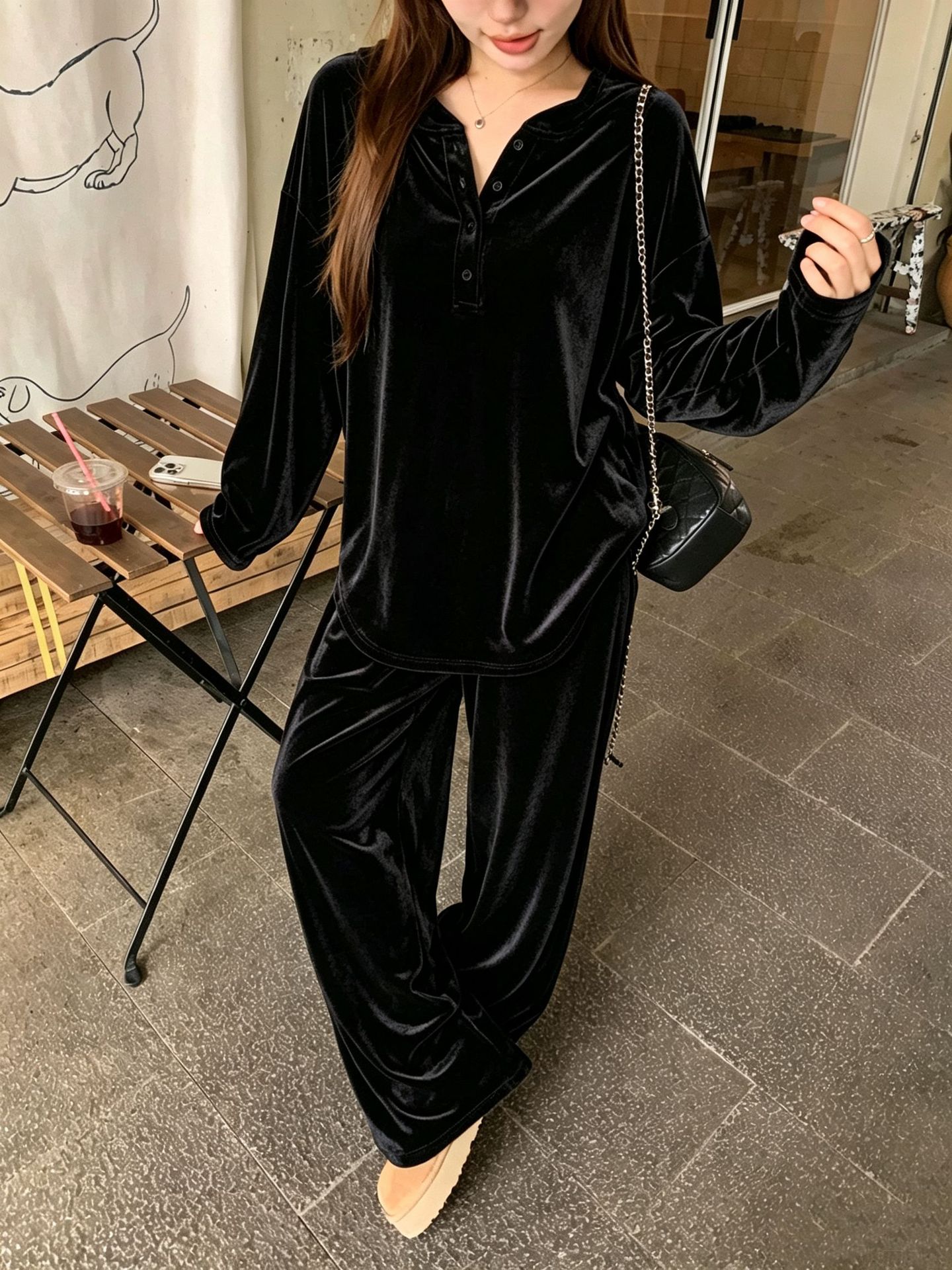 Solid Button Drawstring Loose Long-Sleeve Women's Pants Set