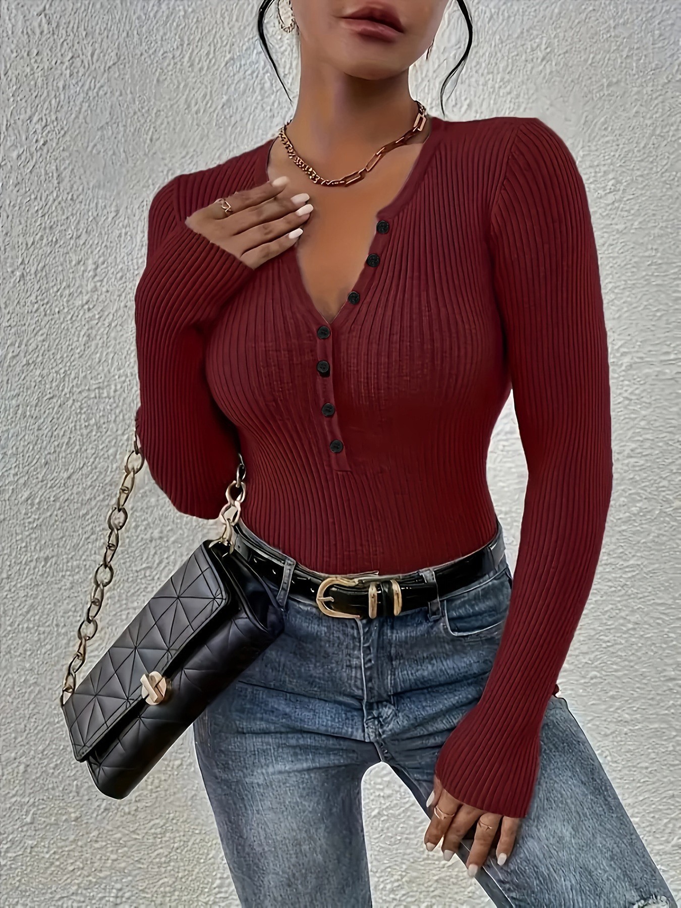 Women's Slim Fit Solid Color Button Neck Knit Sweater Long Sleeve Pullover