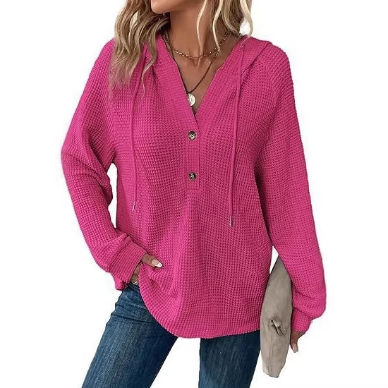 Women's Waffle Knit Drawstring Button V-Neck Hooded Sweatshirt