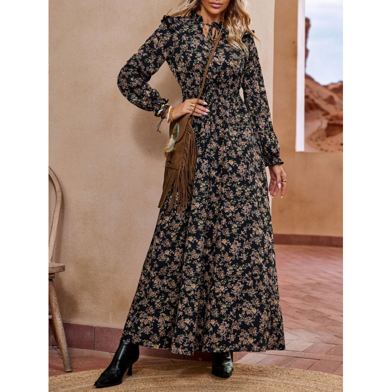 Floral Print Long Sleeve A-Line Maxi Dress with High Waist