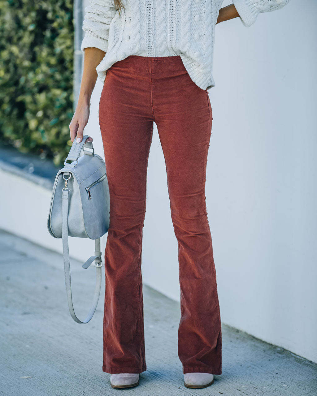 Women's Solid High-Waist Corduroy Flare Pants with Elastic Waist