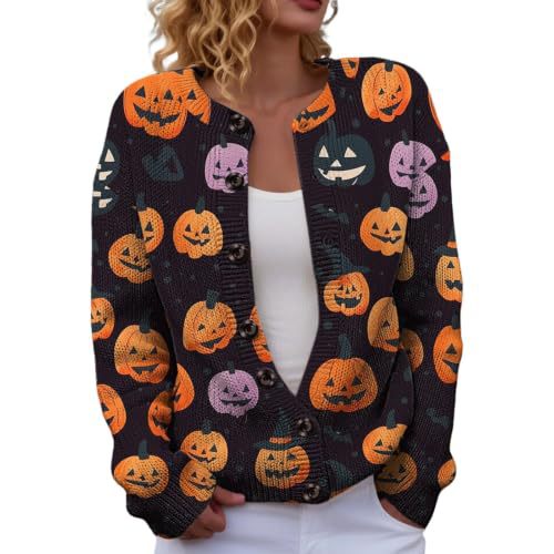 Halloween Pumpkin Castle Print Faux Knit Cardigan for Women