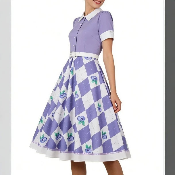 Women's Vintage Fruit Print Short Sleeve A-Line Dress with Belt