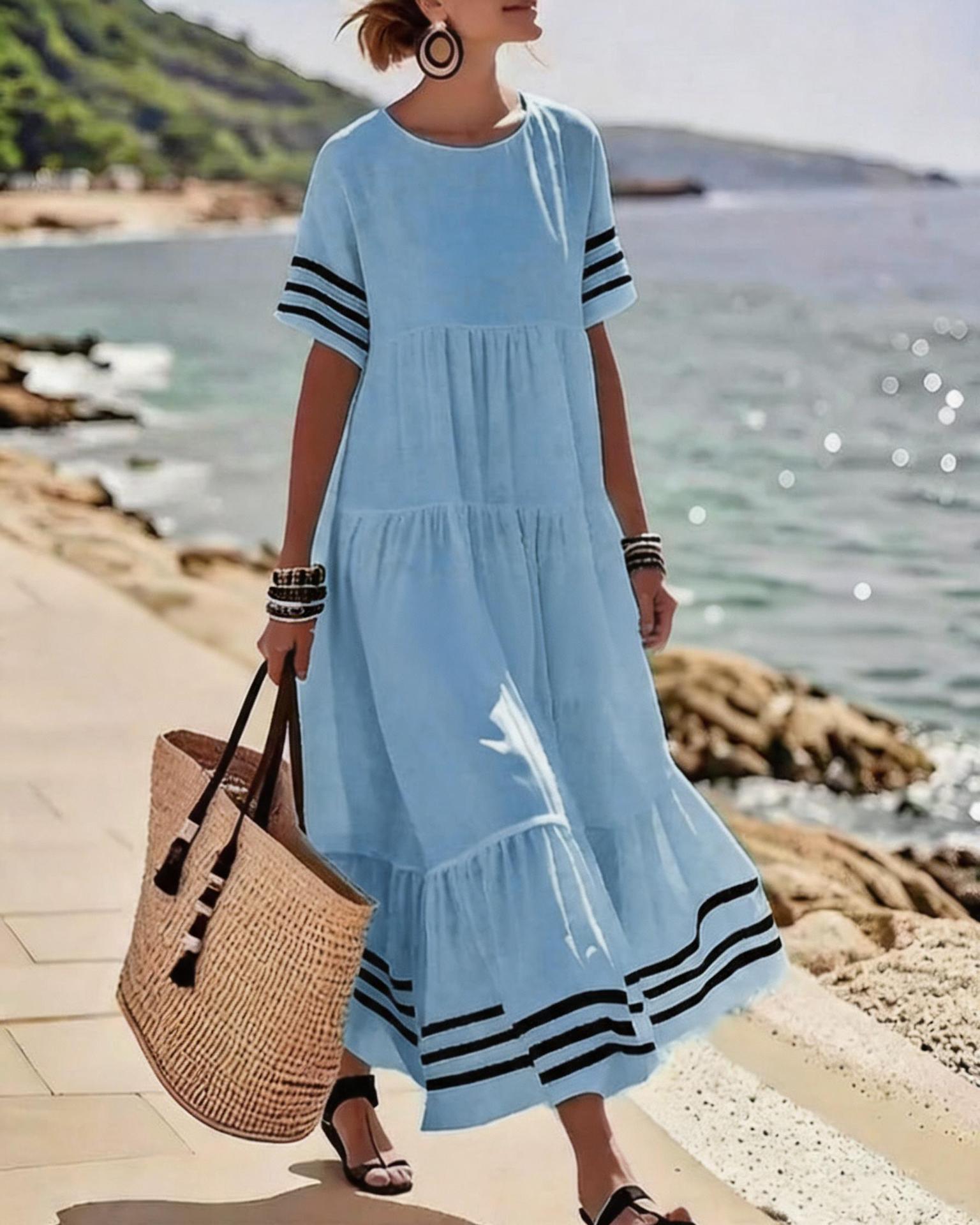 Women's Striped Round Neck Loose Long Dress Casual Vacation