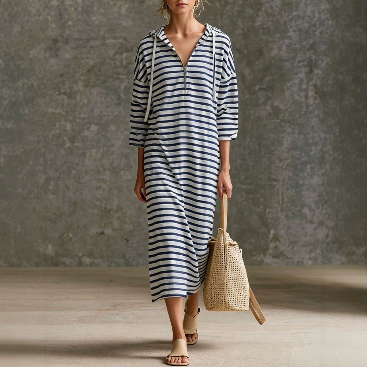 Black and White Striped Hooded Midi Dress Casual Athletic