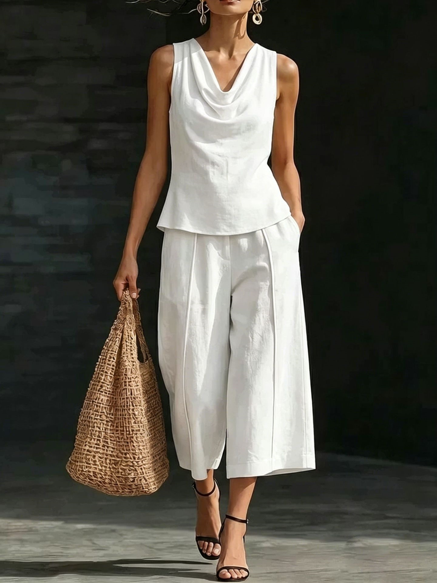 Women's Draped Cowl Neck Sleeveless Top & Cropped Wide-Leg Pants Set