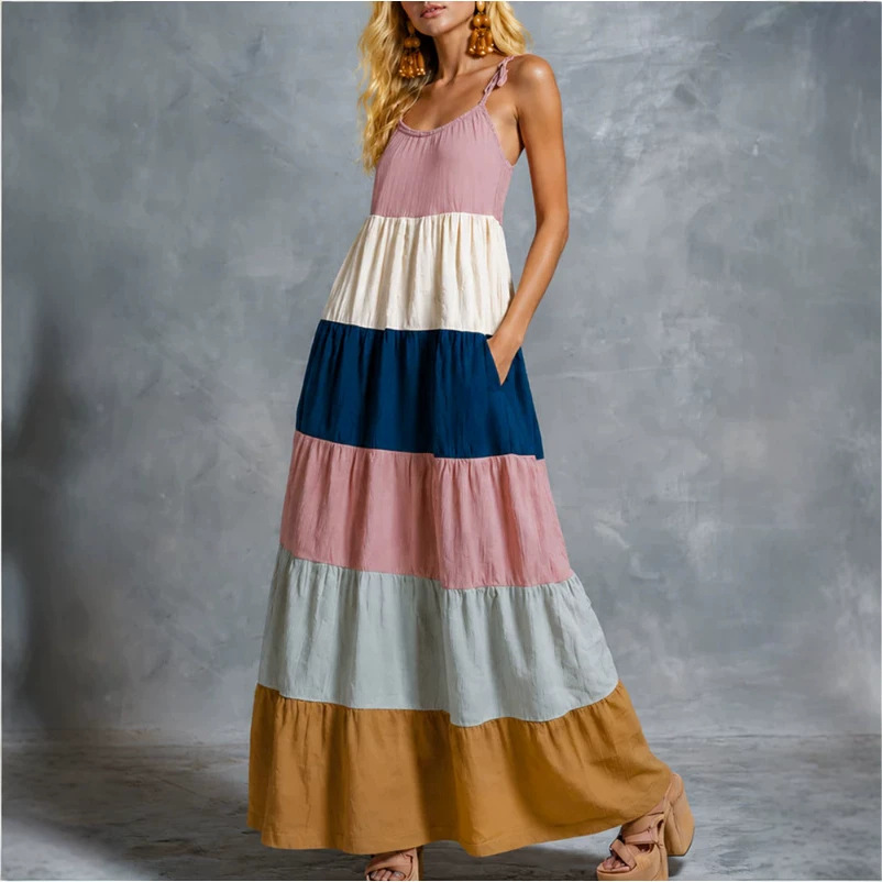 Vintage Multicolor Patchwork Sleeveless Maxi Dress